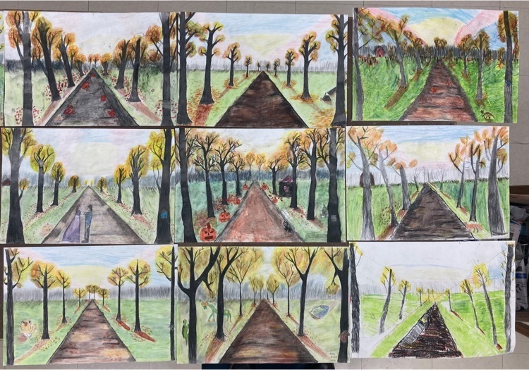 One point perspective drawings using oil pastels and colored pencils