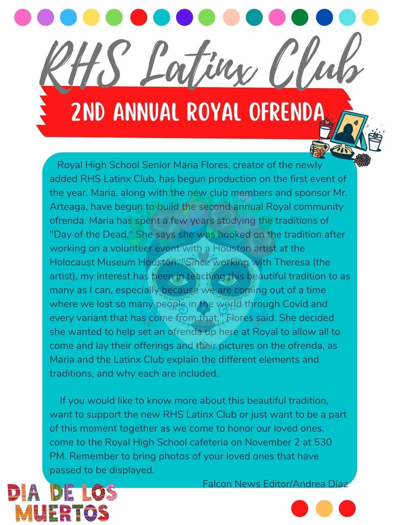 Reminder! Join us at the RHS cafeteria from 5:30-6:30PM for the 2nd annual Ofrenda. Remember to bring photos of your loved ones that have passed to be displayed.