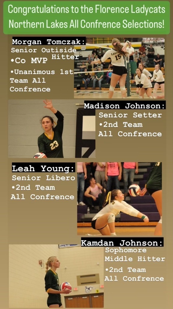 Congratulations to Morgan Tomczak: Unanimous 1st Team All Conference, Madison Johnson: Second Team All Conference, Leay Young: Second Team All Conference, and Kamdan Johnson: Second Team All Conference.  Way to go LadyCats!!  #GoFloCats