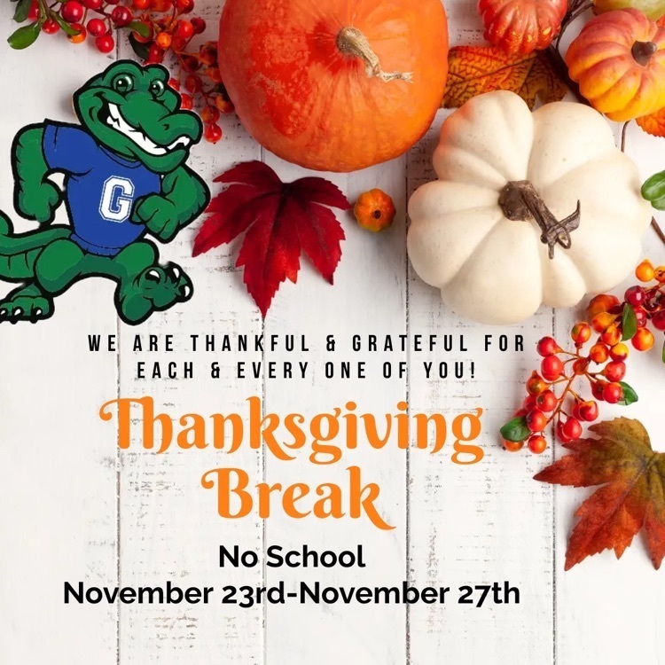 fall pumpkins and leaves with text of Thanksgiving Break and dates 11/23-11/27