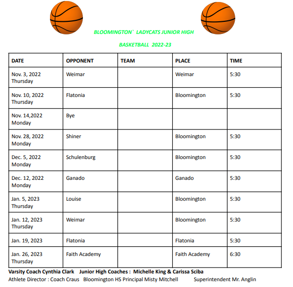 2022-23 BMS Girls Basketball Schedule