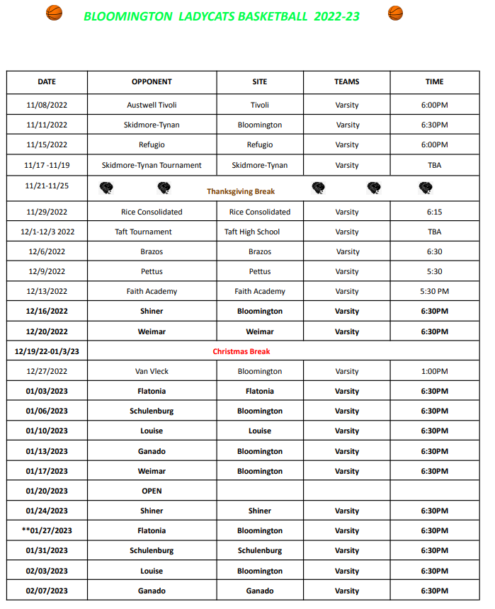 2022-23 BHS Girls Basketball Schedule