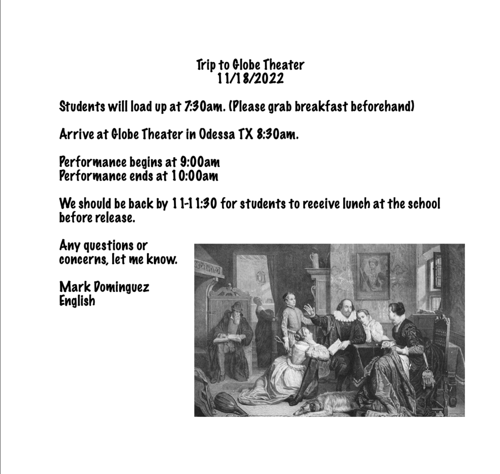 Plans for Shakespeare Globe Field Trip (11.16, 11.18)