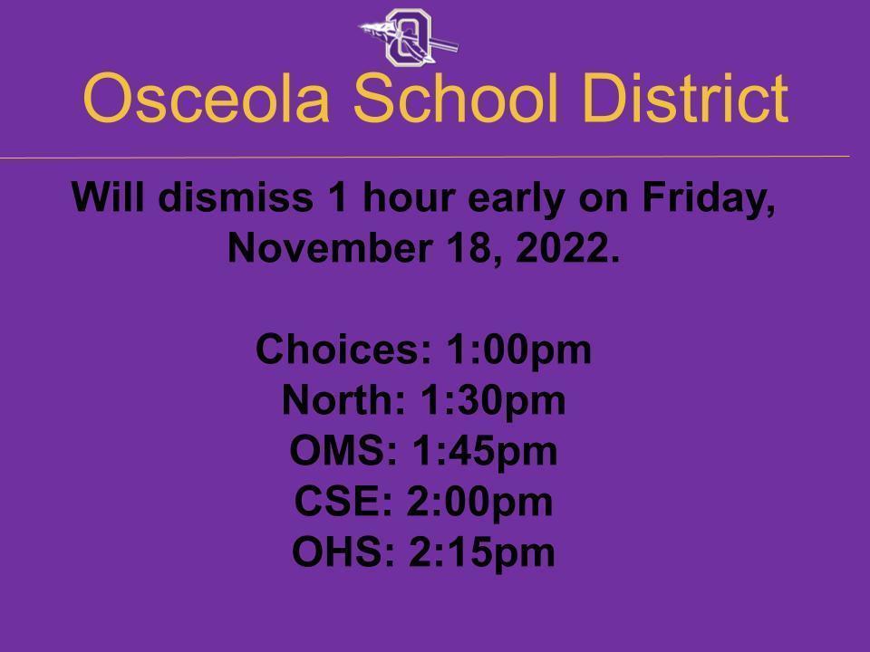 Early dismissal on Friday, November 18, 2022