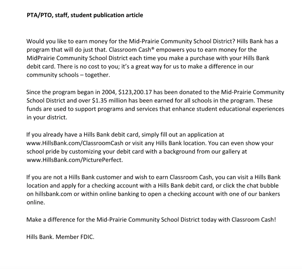 Hills Bank press release
