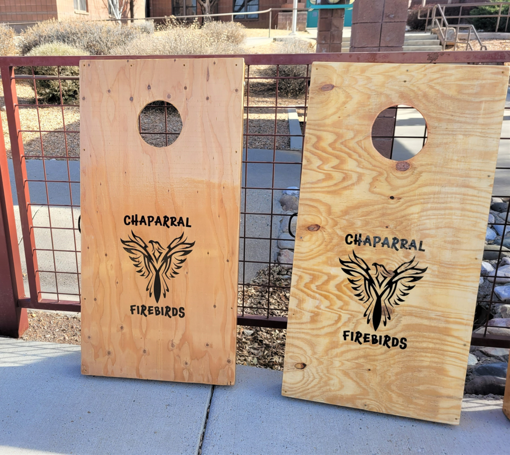 Two cornhole boards on display