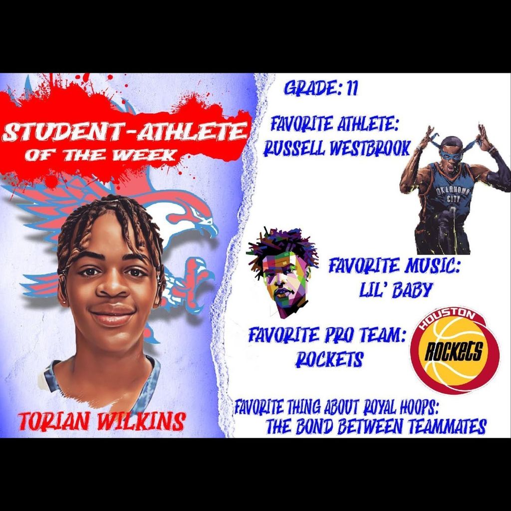 #ShoutOut to Torian Wilkins our student-athlete of the week. TJ is averaging 10.6pts, 5rbs, & 3.8stls a game so far this year. #WeAreRoyal