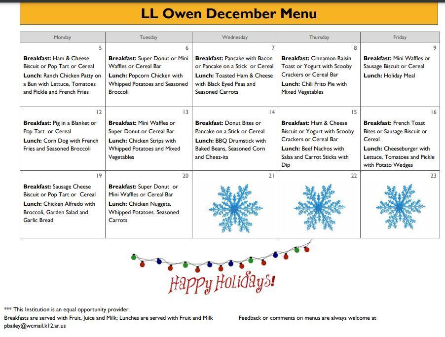 LL Owen December Menu