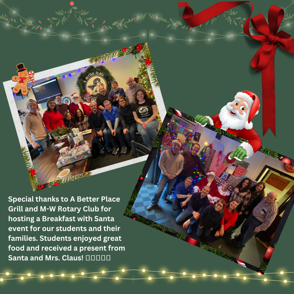Rotary Club and school district representatives with Santa and Mrs. Claus