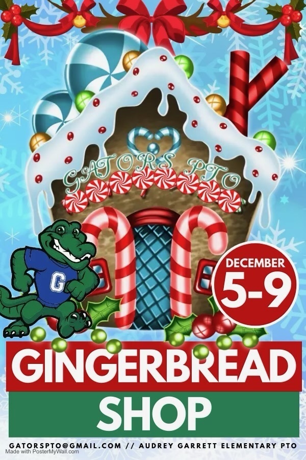 Flyer with Gingerbread house and dates for the Gingerbread shop at the school