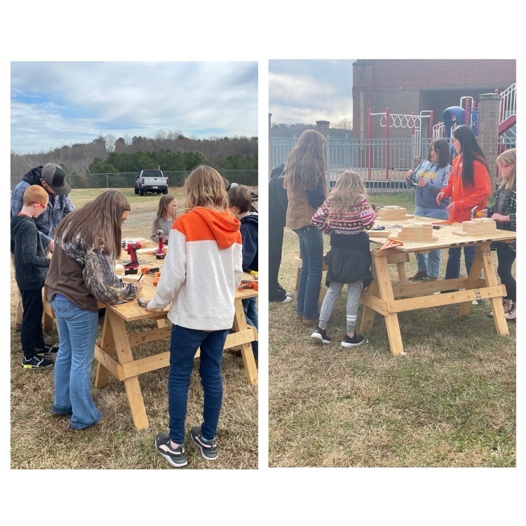Fifth grade got to work with students from the career center today to build birdhouses to take home. They used hammers, drills, pre-cut wood pieces, and measurement tools to help them work today.