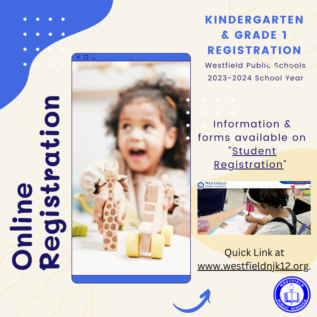 Graphic stating online registration open for Kindergarten and Grade 1 for 2023-2024