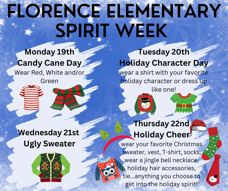 12/19 Candy Cane Day, 12/20 Holiday Character Day, 12/21 Ugly Sweater, 12/22 Holiday Cheer Day