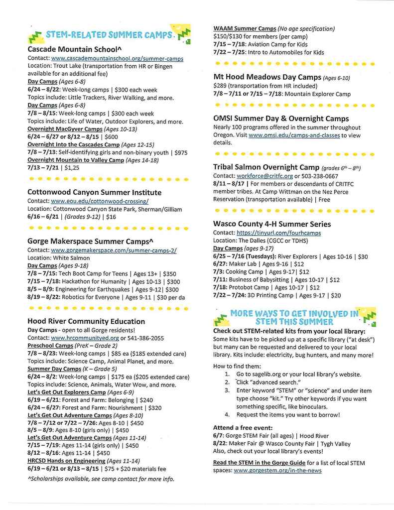 Gorge STEM Related Summer Camp Programs