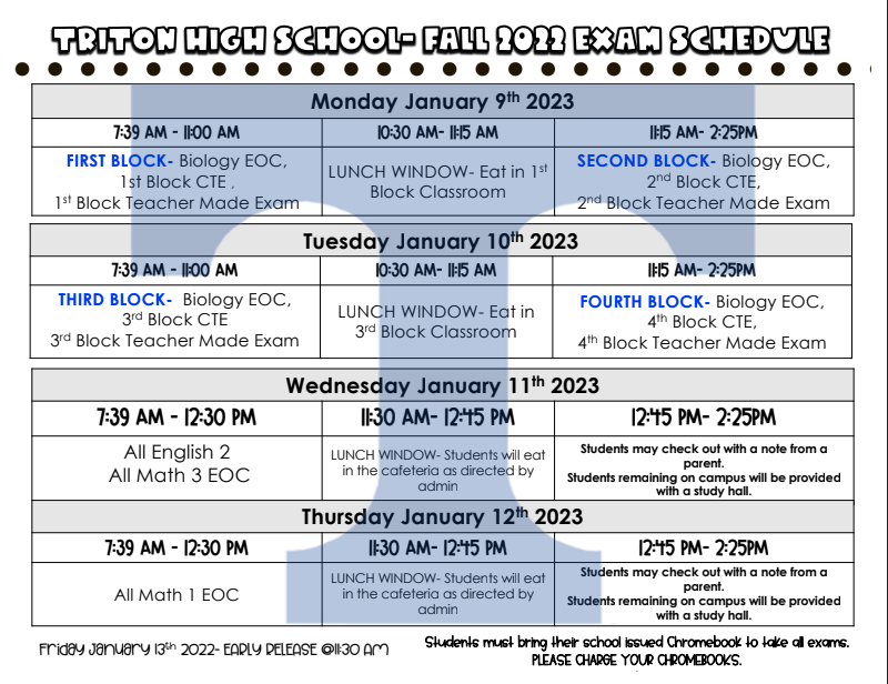 THS Fall 2022 Exam Schedule