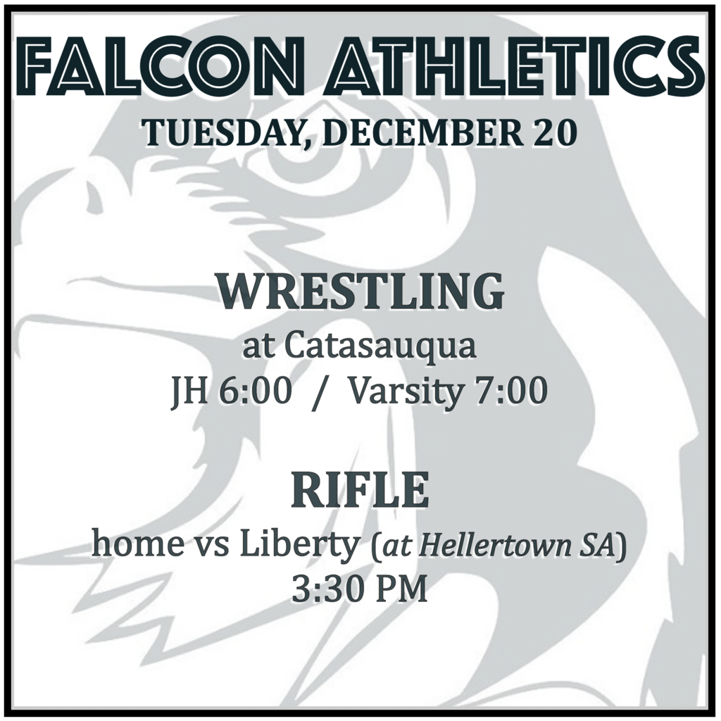 WRESTLING at Catasauqua: JH 6:00, Varsity 7:00.  RIFLE home vs Liberty (at Hellertown SA):  3:30 PM.