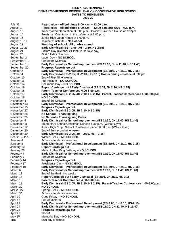 19-20 Dates to Remember