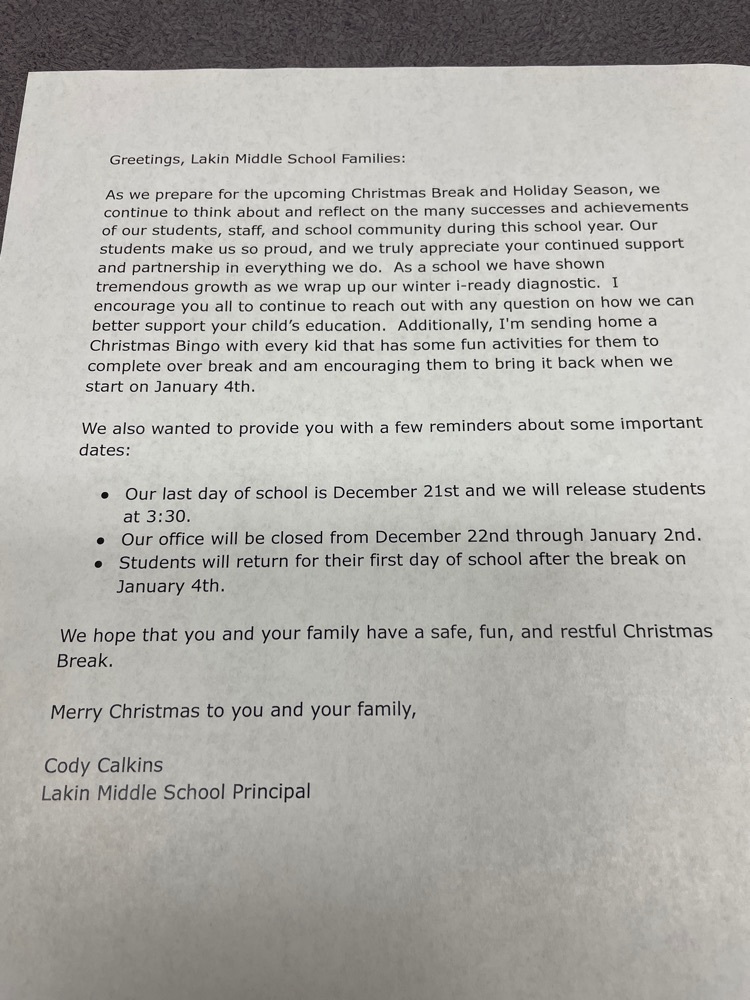  Christmas Break Letter