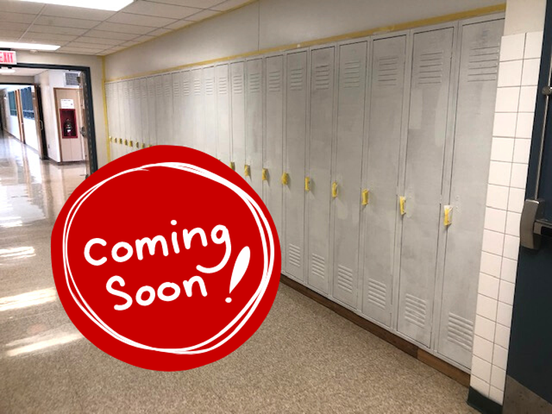 painted lockers with a coming soon banner across them