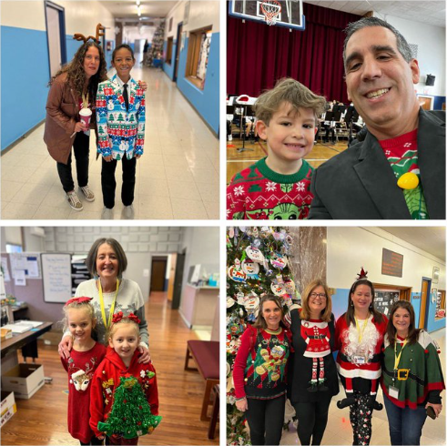 Teachers and students posing in holiday sweaters
