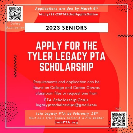 2023 seniors: PTA scholarship applications available now. Visit website for requirements and application