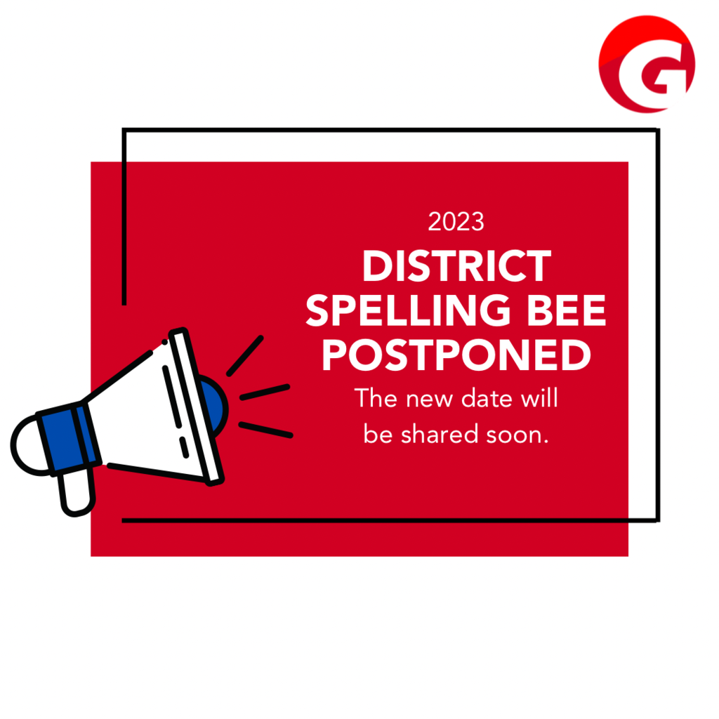 Picture of a megaphone with the text, 2023 district spelling bee postponed. The new date will be shared soon.