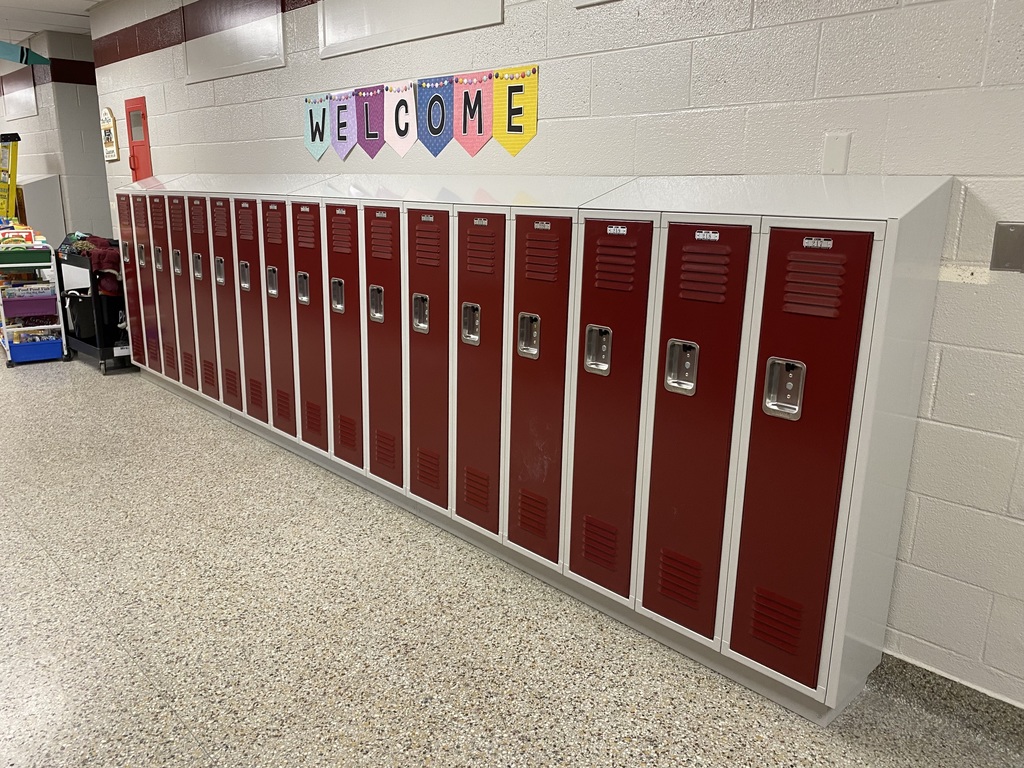 red school lockers in hallway