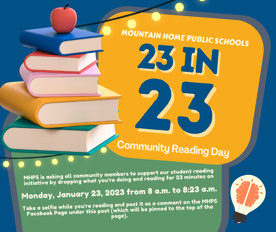 Community Reading Day: MHPS is asking all community members to support our student reading initiative by dropping what you're doing and reading for 23 minutes on Monday, January 23, 2023 from 8 a.m. to 8:23 a.m. Take a selfie while you're reading and post it as a comment on the MHPS Facebook Page under this post (which will be pinned to the top of the page).