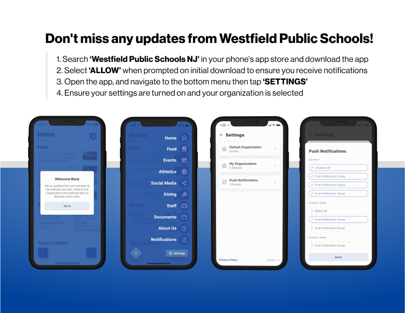 Graphic with instructions on the Westfield Public Schools mobile app