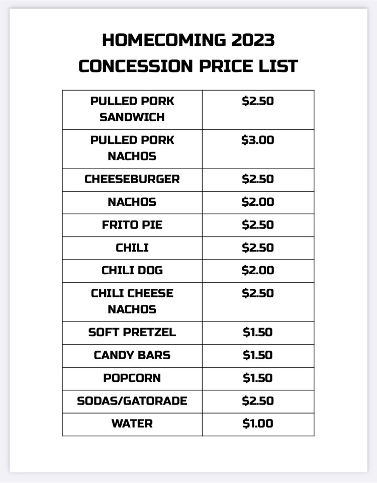 concession stand price list