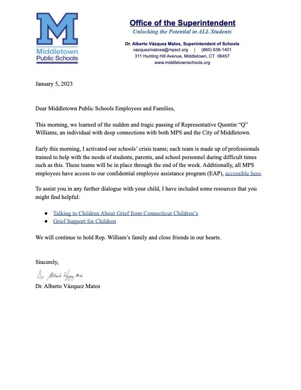 010523 Support to Schools re: Q Williams