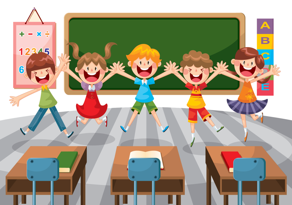Clipart image of students in a classroom, smiling, jumping up in from of a green chalkboard.