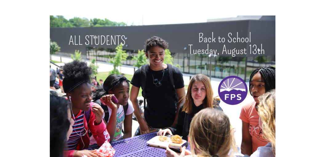 Picture of FPS students eating lunch outside with Back to School on Tuesday, August 13th.