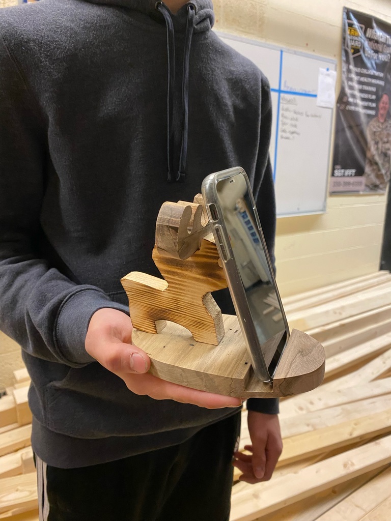Cell phone stand built by Sidney Casto.