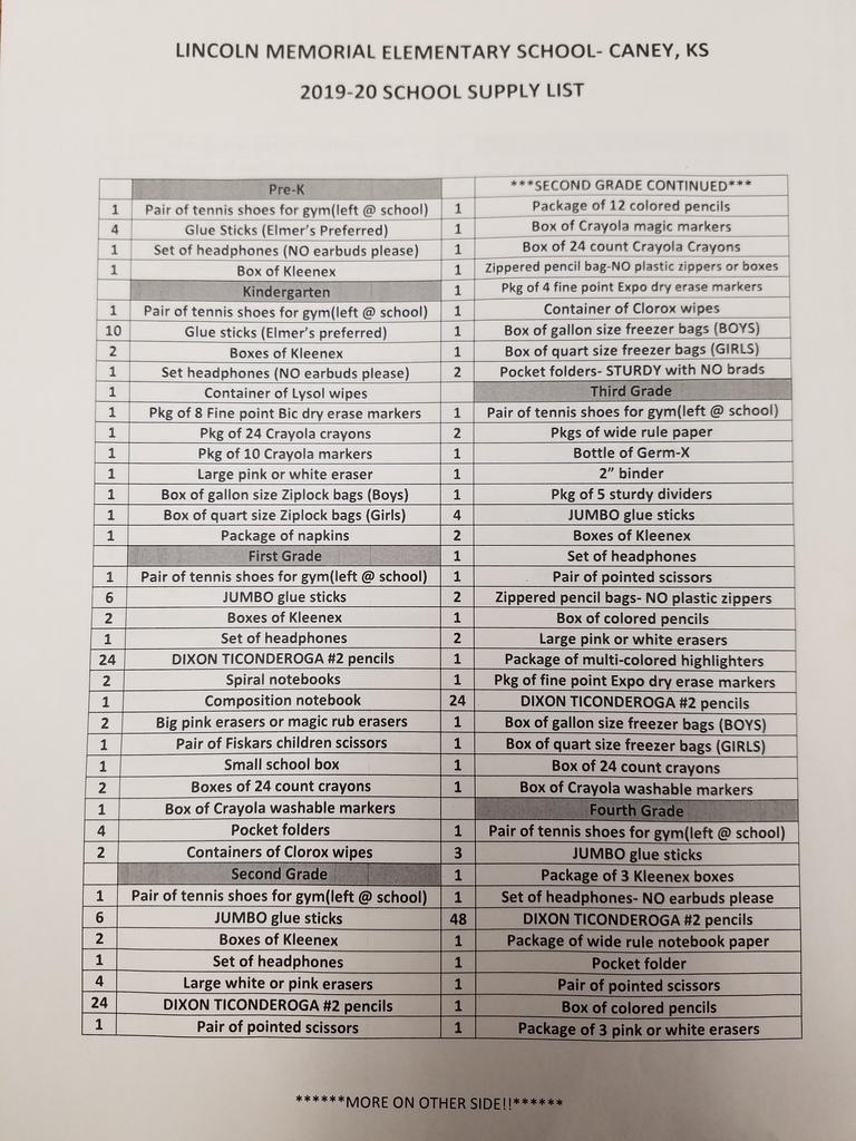 Lincoln 19-20 School Supply List