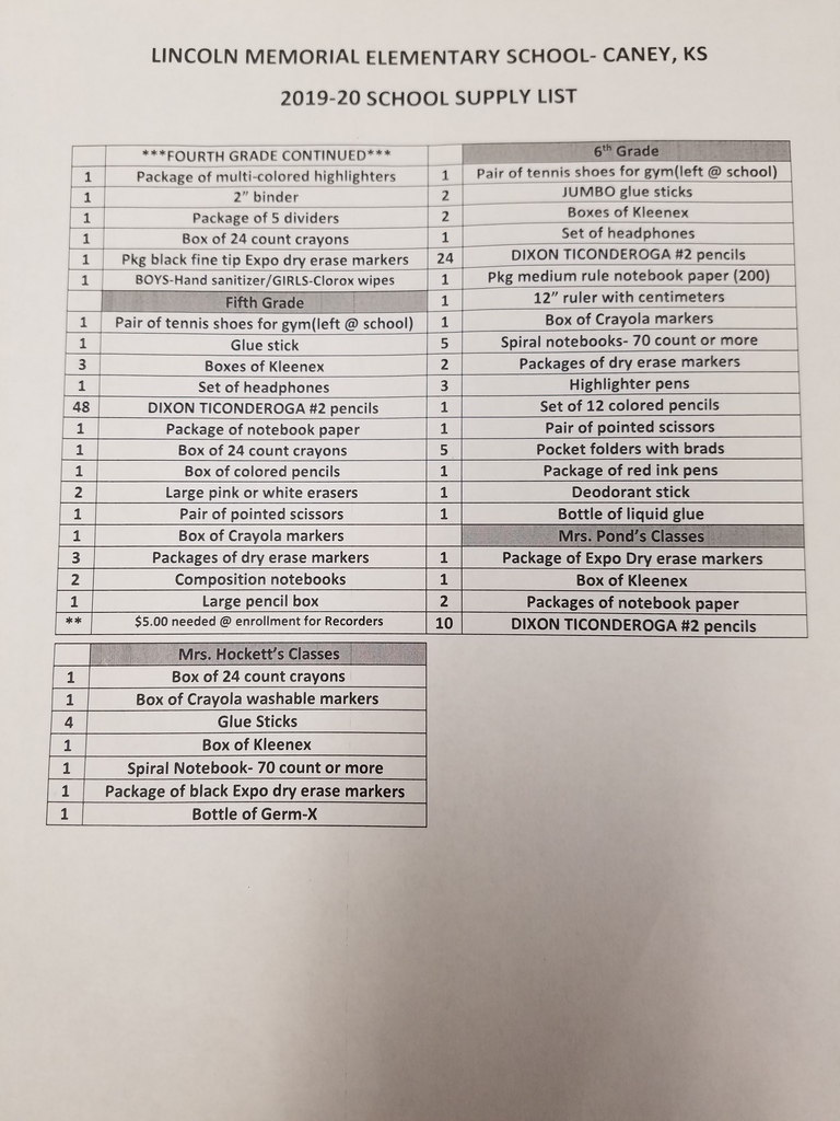 Lincoln 19-20 School Supply List