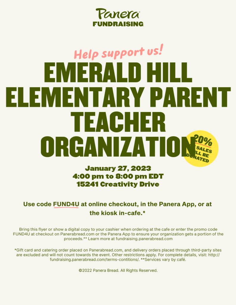 Flyer for Panera spirit night on Jan 27