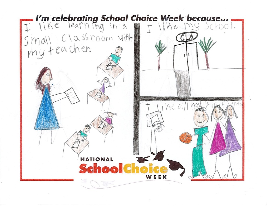 student drawing of the things she loves about her school with pictures of teachers and students