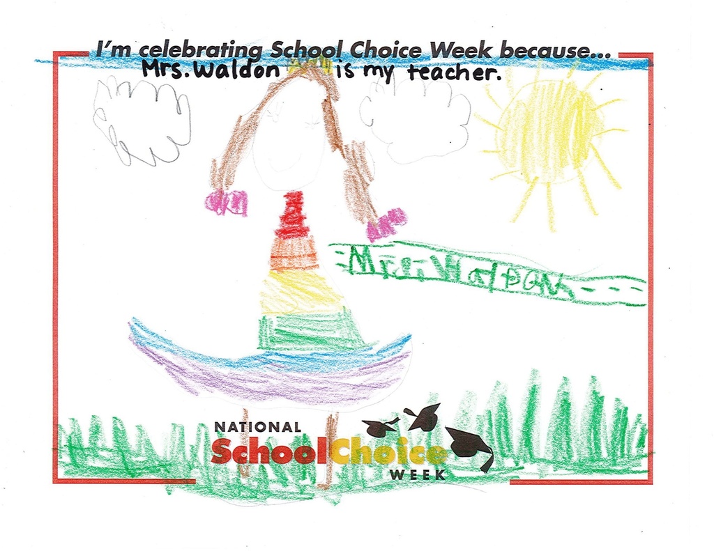 a drawing of a teacher in a dress celebrating what the student loves about their school