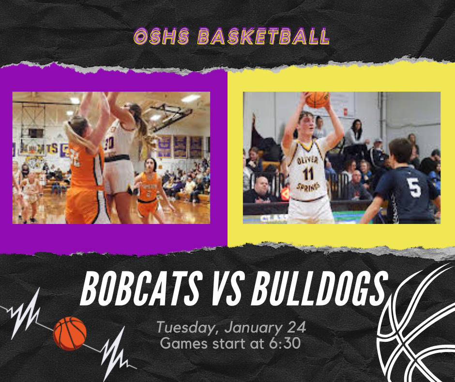 Picture of OSHS basketball players in action on a black, purple, and gold background