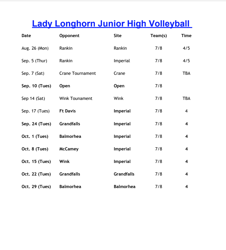 JH Volleyball Schedule