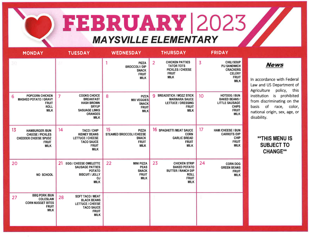 Elementary Lunch Menu February 