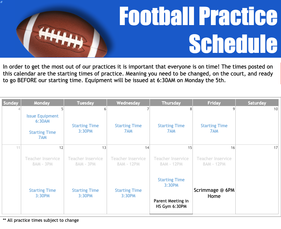 Football Practice Schedule