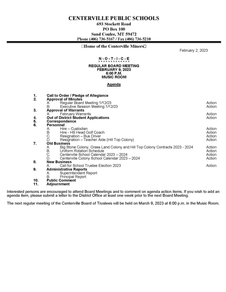 February 9, 2023 Board Agenda