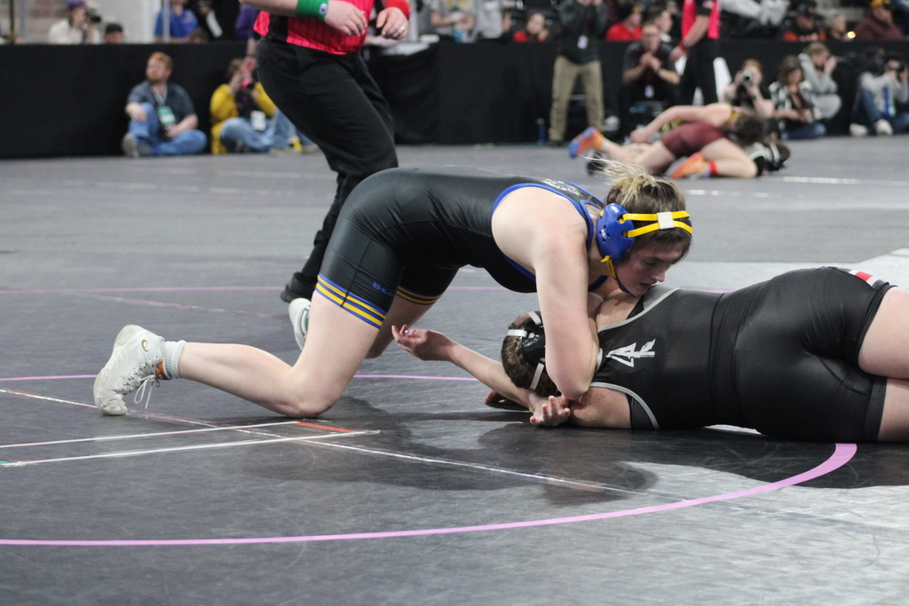 Benton Community Students Lizzy Wolf and Jesse DeMoss at Girls State Wrestling 2023