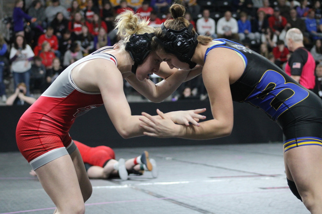 Benton Community Students Lizzy Wolf and Jesse DeMoss at Girls State Wrestling 2023