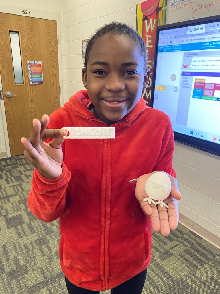 Pictured here is Chloe Diahoua with her 3D printer keychain and free choice design she created during our Lab Cats club at Florence Elementary great job Chloe!!!