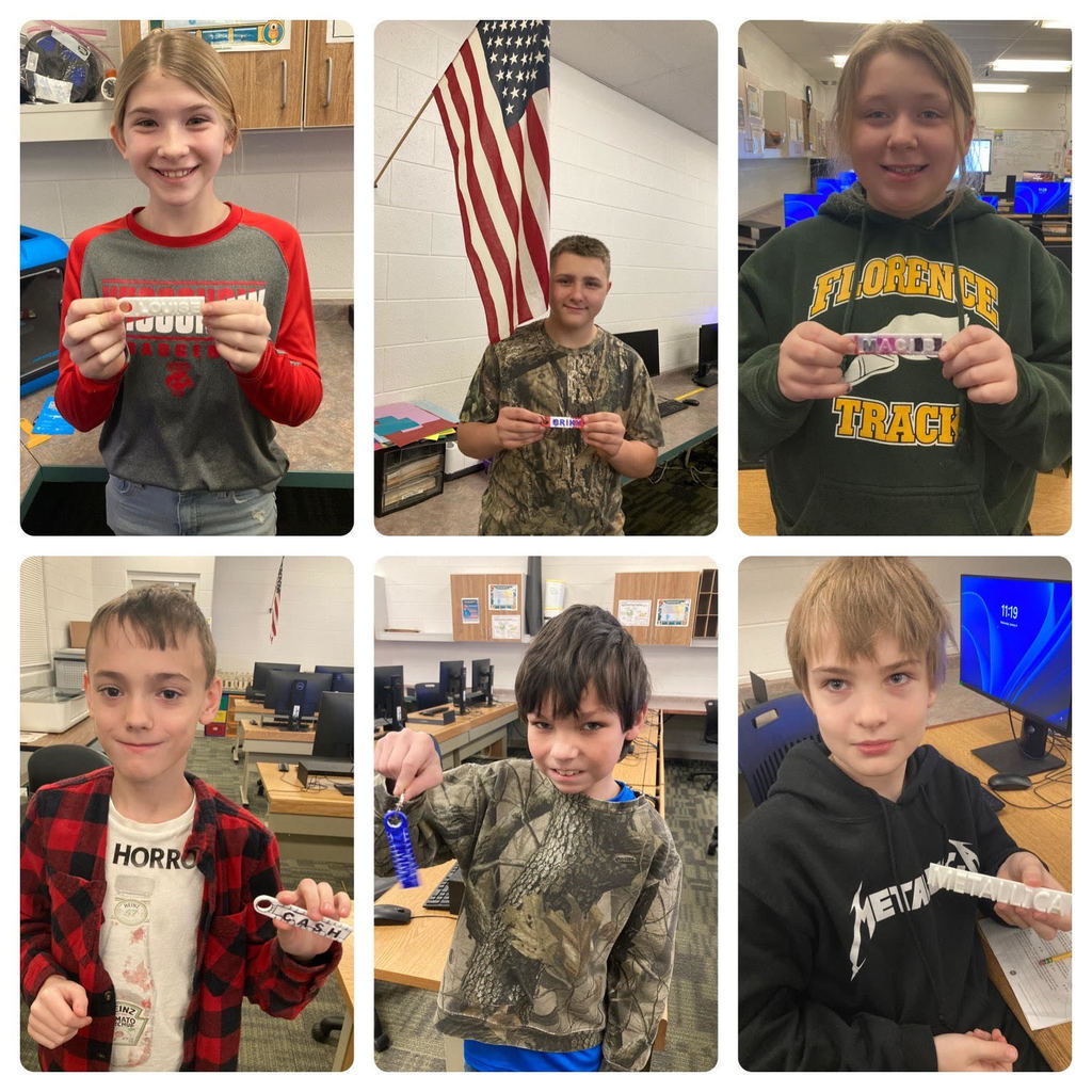 Pictured here are some of the 2nd quarter Lab Cats students with their 3D printer name tags that they designed! Students pictured are Louise Millan, Aiden Lindow, Maci Bonetti, Cash Thomas, Brendan Graham, and Breyer Blosser.
