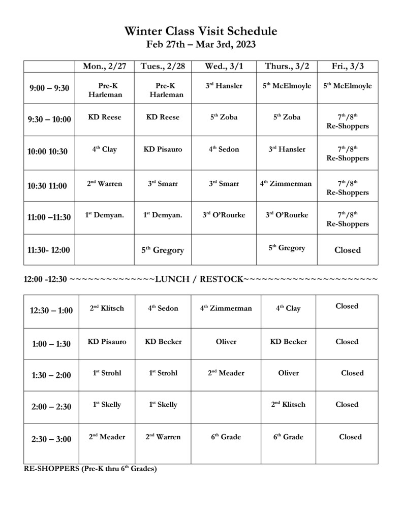 Winter Book Fair Schedule