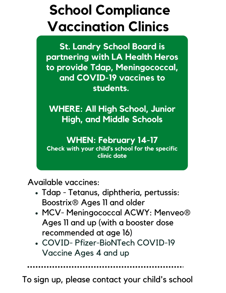 School Compliance Vaccination Clinics - To learn more about our vaccination clinics, visit https://www.slpsb.org/page/school-health-services.